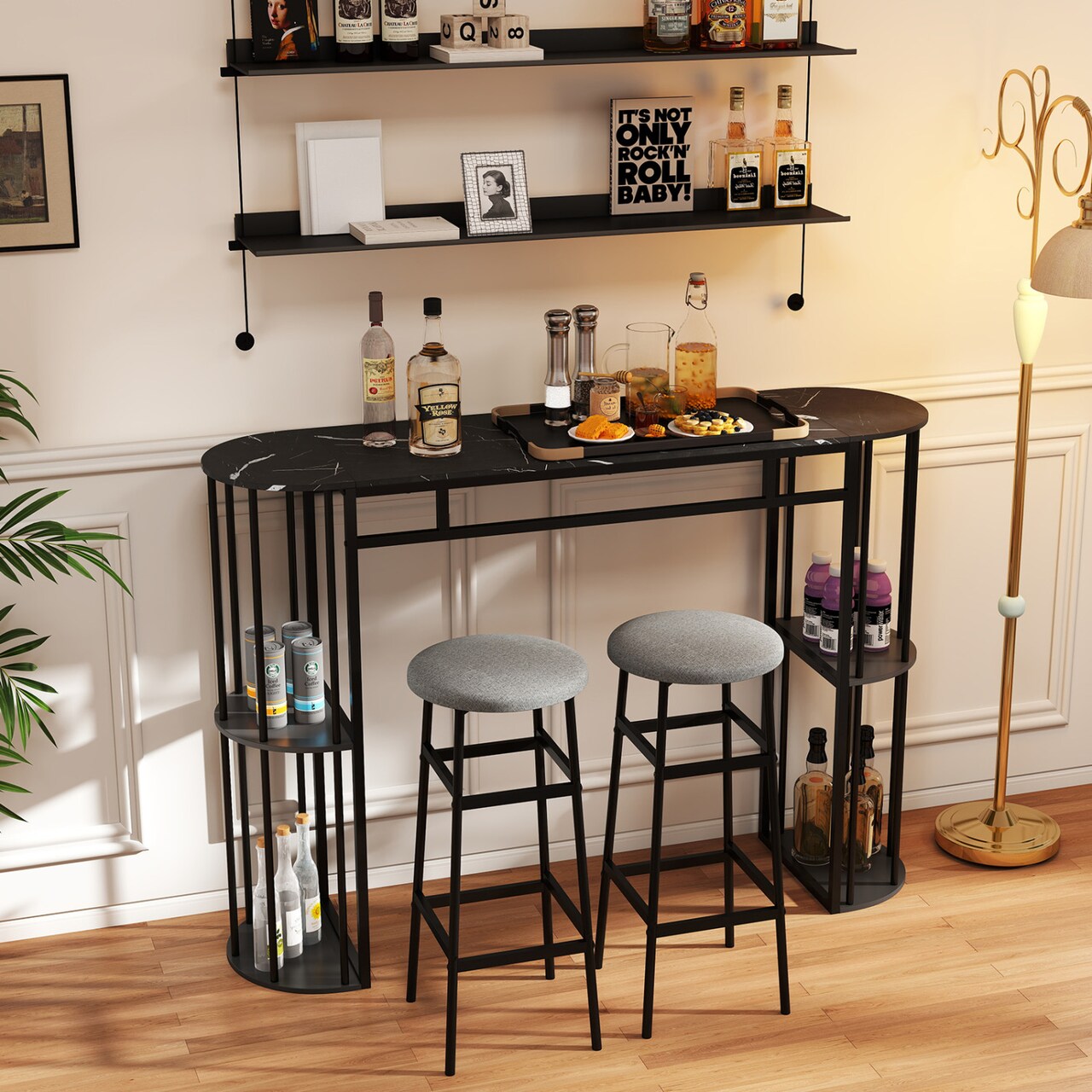 60 Inch Long Bar Table Narrow with Faux Marble Tabletop and Storage Shelves-Black